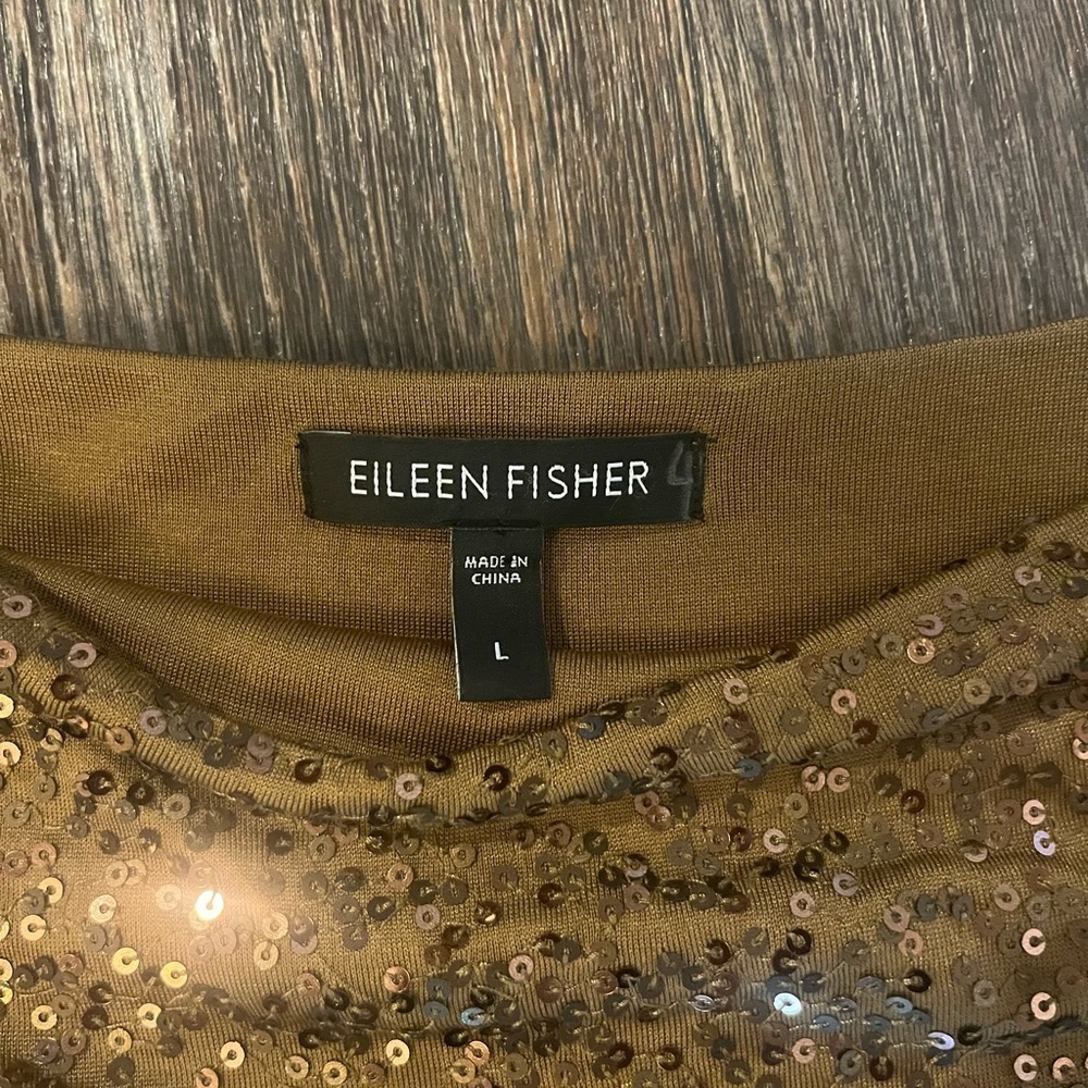 Eileen Fisher 100% Silk Sequin Cowl Neck 3/4 Sleeve Old Money Green/Gold Large - Picture 3 of 8